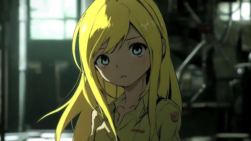 Blonde anime girl in dim industrial workshop setting.