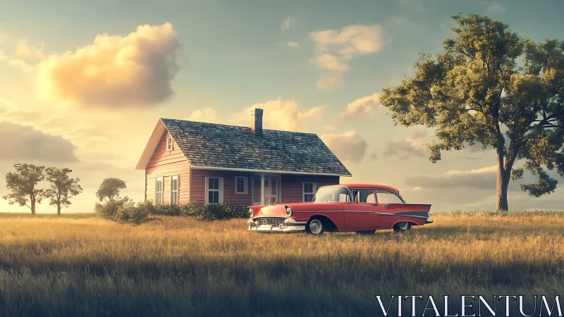 Sunlit country cottage with a vintage red car at rest.