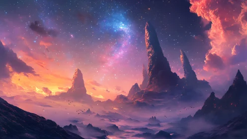 Alien spire landscape glows beneath a luminous galaxy sky.