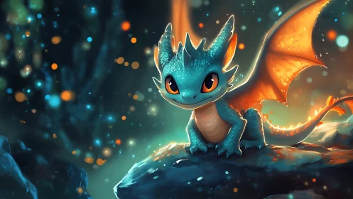 Blue baby dragon on rock in glowing fantasy cavern.