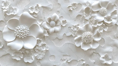 Sculptural White Flowers Create Dimensional 3D Relief Art.