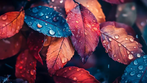 Macro study of dewy autumn leaves in saturated bokeh field.