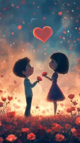 Two Silhouettes Exchange Blooms Beneath Luminous Heart.