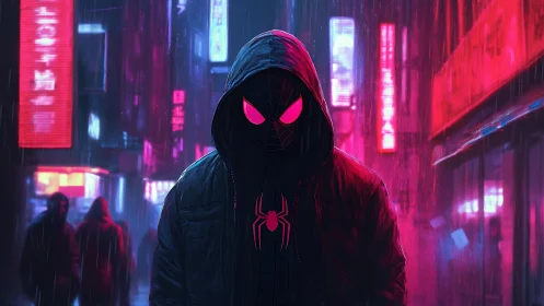 Hooded spider-hero walks alone through neon-soaked city rain