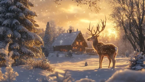 Snowlit stag stands before a warm-lit cabin at golden sunset