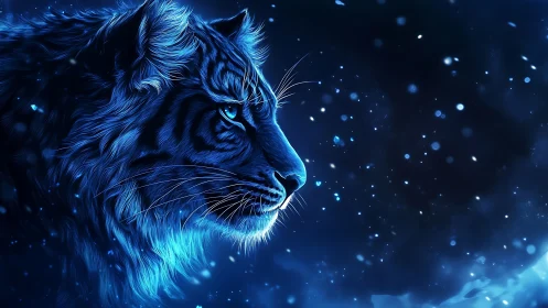 Blue tiger profile rendered in glowing digital neon light