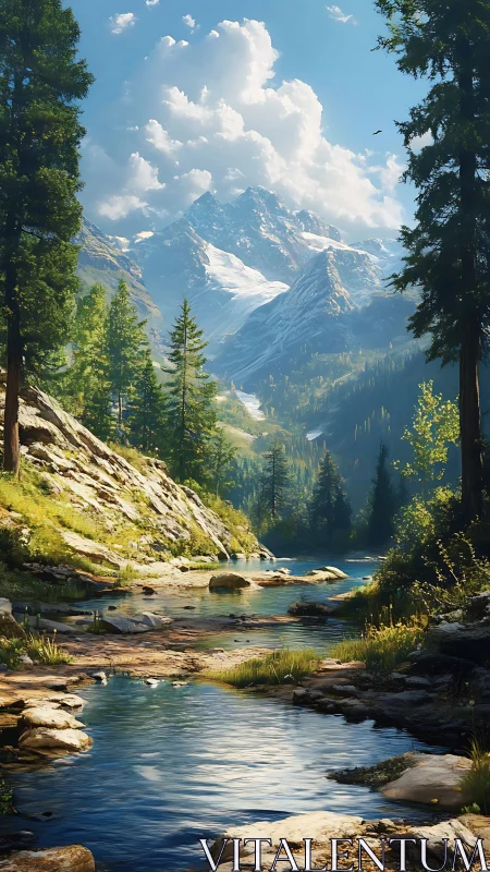 Mountain valley stream flows beneath towering snowy peaks