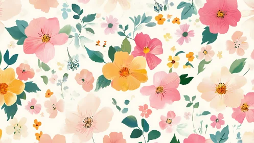 Botanical Floral Pattern with Pink, Yellow, and Orange Blooms