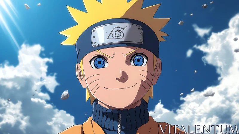 Blond anime ninja portrait under bright blue daytime sky