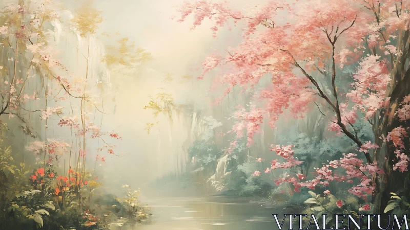 Whispered springlight drifts through a misty blossom river