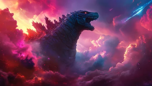 Cosmic kaiju silhouette dominates neon storm clouds.