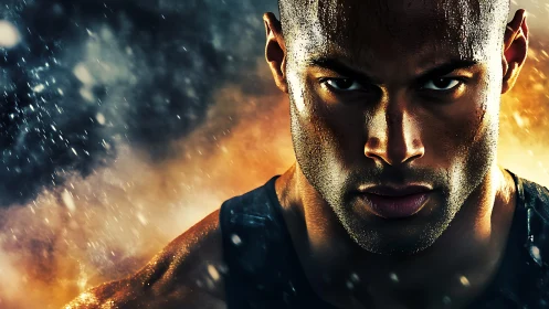 Intense athlete portrait in cinematic rain and fire light.