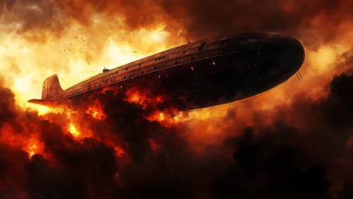 Large rigid airship traverses dense fire and smoke field
