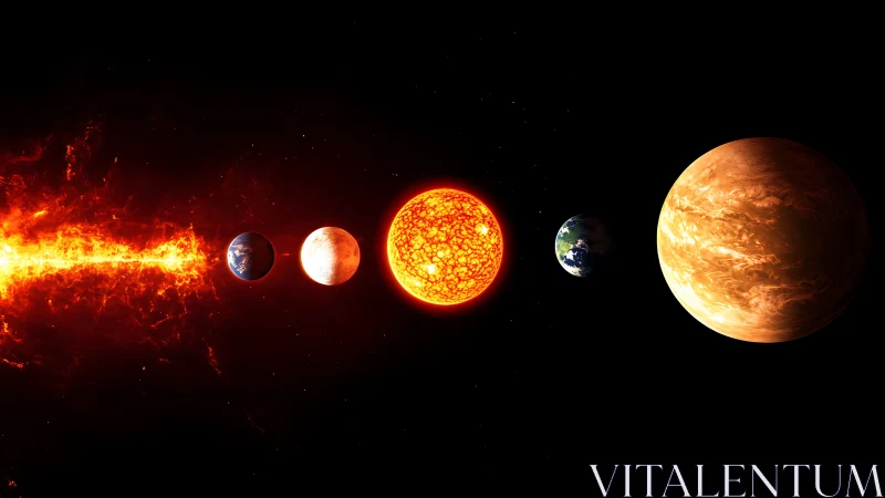 Stellar flare striking aligned planets in deep black void.