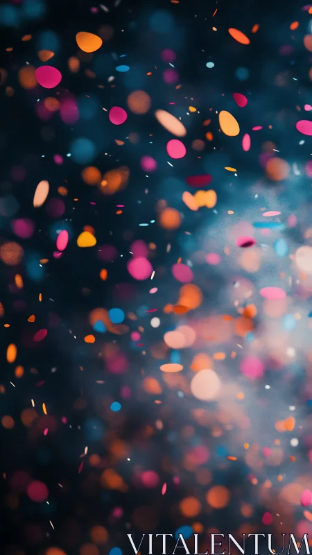 Colorful confetti particles floating on dark blurred background.