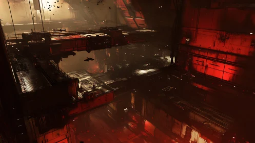 Industrial sci fi interior shows layered red steel platforms