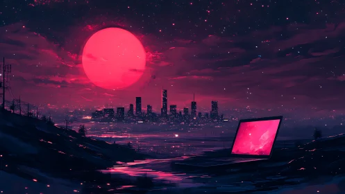 Neon moonrise above city code and a dreaming laptop horizon.