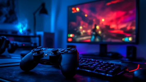 Wireless gamepad on RGB-lit desktop before gaming monitor