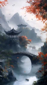 Misty mountain river with pagodas, stone bridge, and autumn trees.
