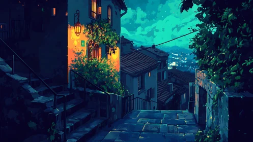 Lanternlit hillside alley watching a turquoise dreaming city.