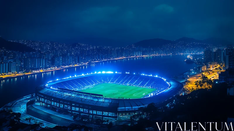 Floodlit stadium glows like a neon halo over the midnight bay