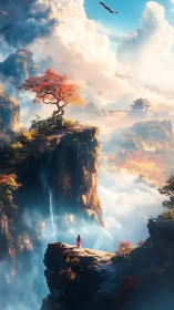 Solitary wanderer greets glowing cliffs and drifting clouds