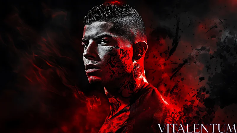 Shadow-forged portrait in red smoke and splattered flame.