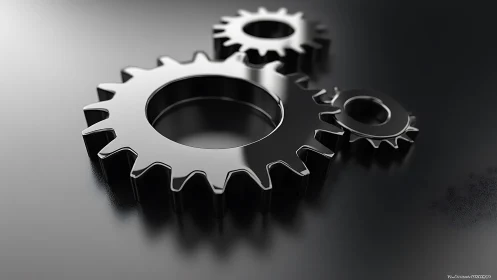 Polished metallic gears on reflective dark surface.