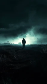 Solitary wanderer cuts through neon storm on the horizon.