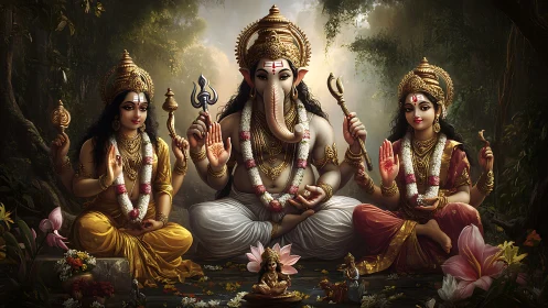Divine Ganesha family seated in lush forest sanctum