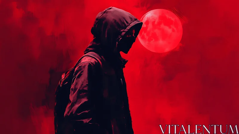 Hooded wanderer walks under red moon in stark silhouette