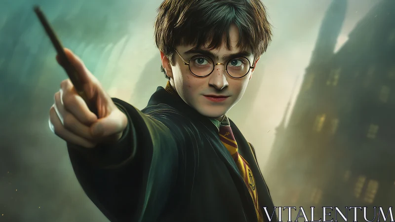 Young robed figure extends wand toward viewer in misty setting