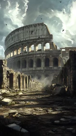 Ruined Roman amphitheater rendered in moody photoreal detail