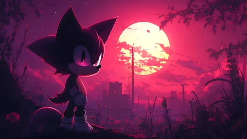 Silhouetted hedgehog figure studies red dusk city skyline