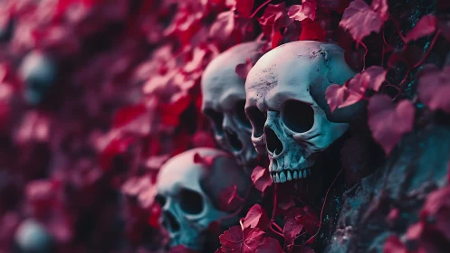 Skulls entwined with crimson ivy in eerie shallow focus.