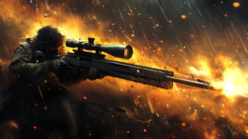 Sniper's Inferno: Rain-Soaked Precision Amid Blazing Chaos.