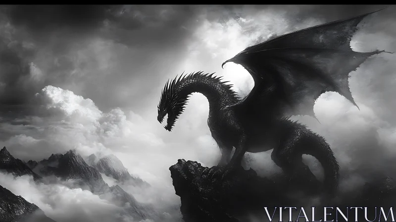 Monochrome dragon silhouette dominates storm-laden alpine cloudscape