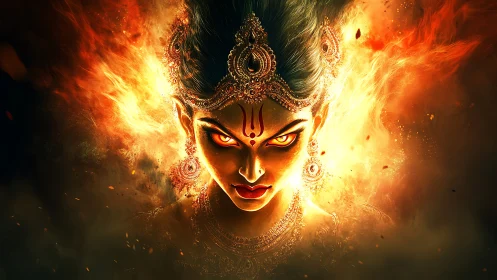 Fiery goddess portrait with glowing eyes and ornate crown
