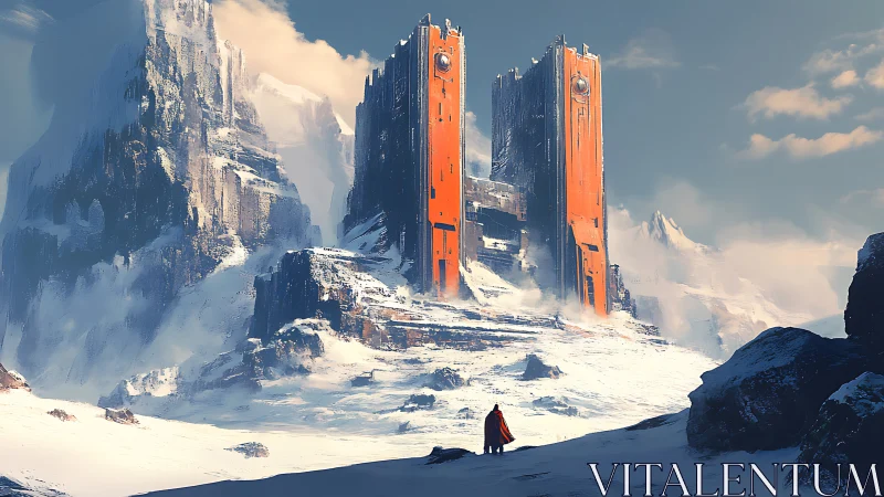 Solitary traveler approaches colossal orange mountain gate