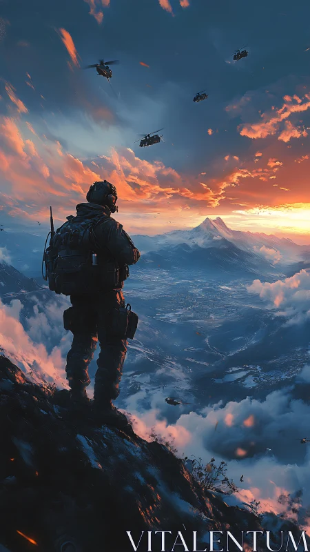 Sunset patrol above misty mountains and distant valleys.
