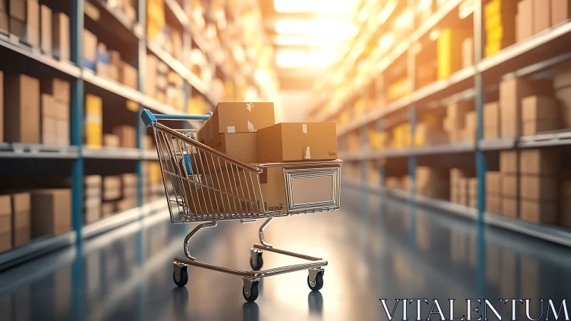 Sunlit warehouse cart cruising aisles of boxed promises.