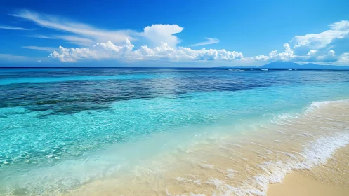 Turquoise daydream shoreline under a cloud-drifted horizon.