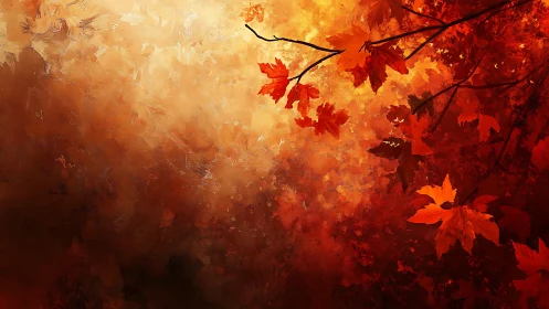 Glowing autumn maple leaves over painterly ember haze.