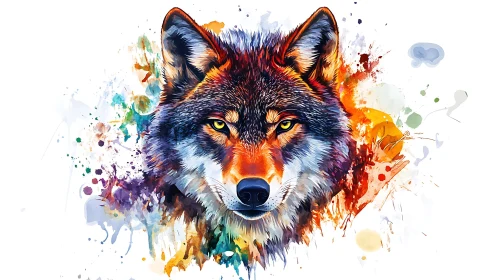 Watercolor wolf portrait with expressive chromatic splatter design.