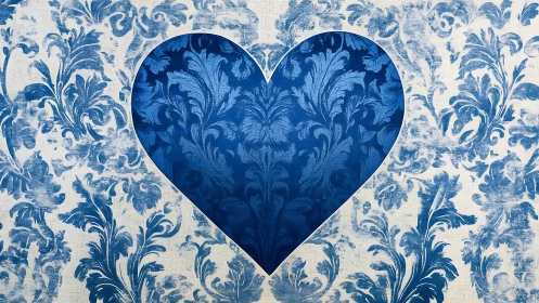Blue heart shape cutout on damask fabric wallpaper.