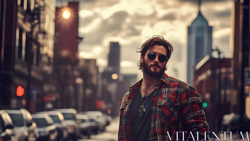 Bearded man in plaid shirt standing in urban street scene.