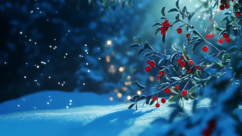 Red berries on snow covered branches in winter light.