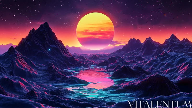 Neon alien landscape under large glowing sunset planet.