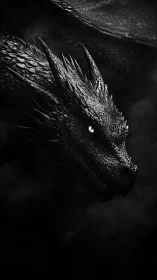 Obsidian dragon head emerges from shadowed storm clouds.