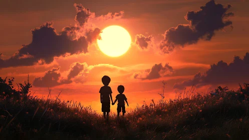 Two silhouetted children walk toward a low horizon sun